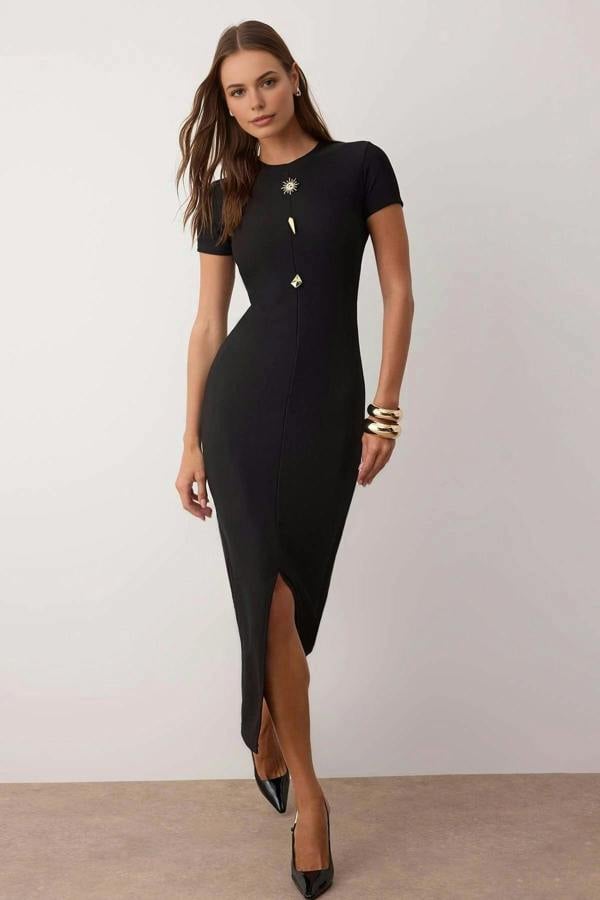 WOVCOR Ottoman Stand Collar Midi Knit Dress with Button Detail