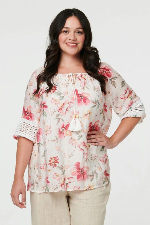 Pink | Curve Floral Lace Bardot Neck Blouse

