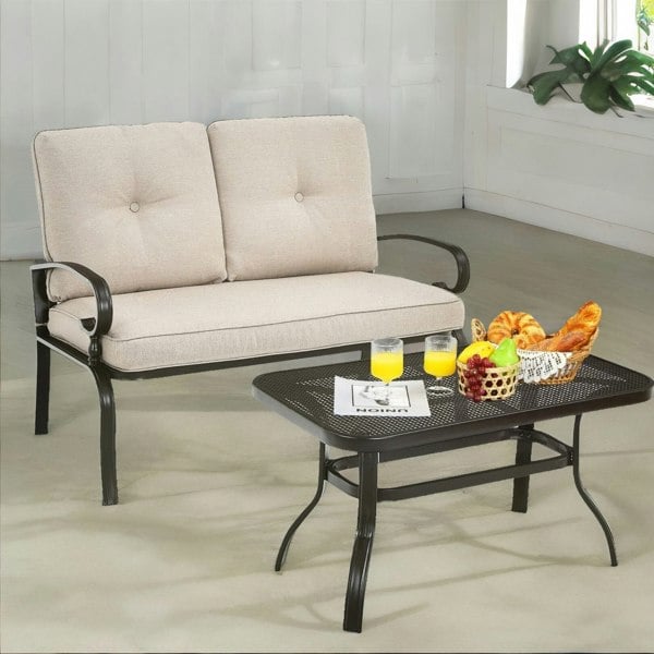 Rafaelo Mobilia 2 Seater Outdoor Bench With Padded Cushions And Table Cream