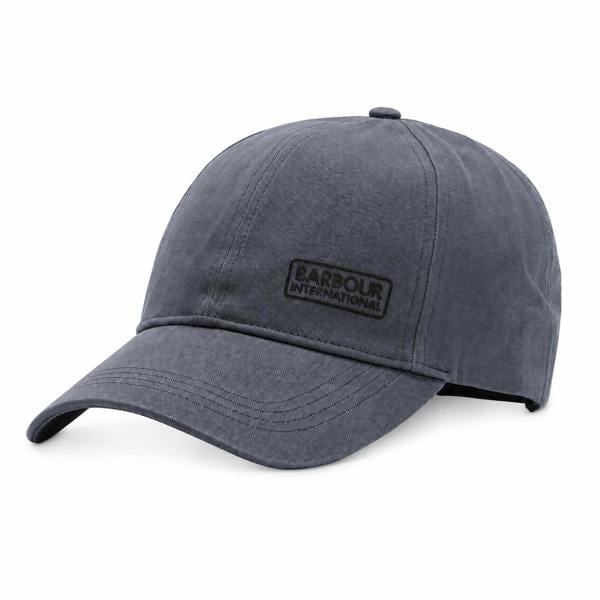 Washed charcoal Barbour International drill baseball cap with a tonal black logo patch on the front.