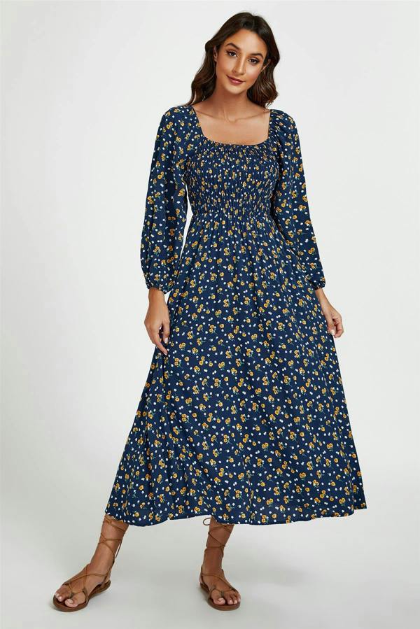FS Collection Floral Print Square Neck Maxi Dress In Dark Blue