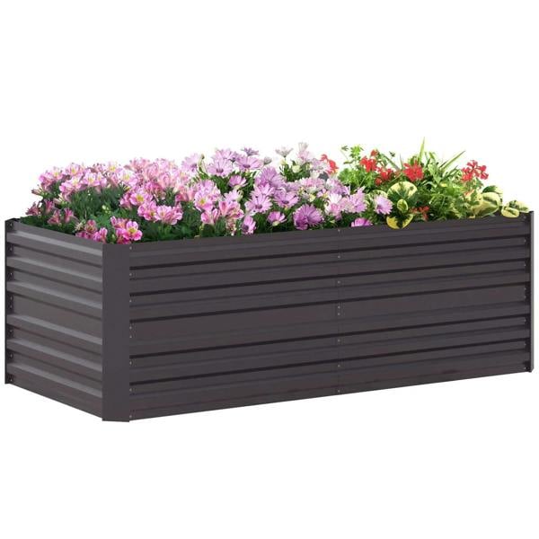 Dark grey galvanized steel raised garden bed planter with slatted sides