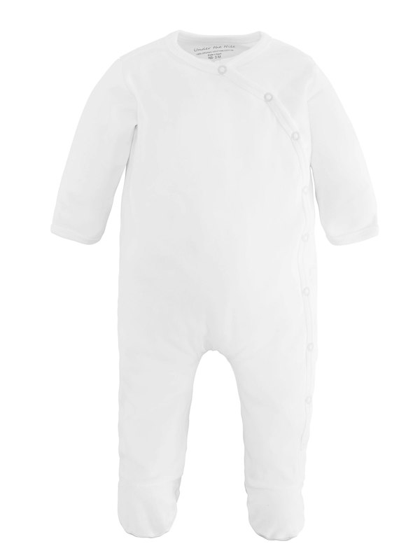 White Organic Baby Sleepsuit for Sensitive Skin made from 100% GOTS-certified organic Egyptian cotton with a side snap fastening by Prima Cotton.