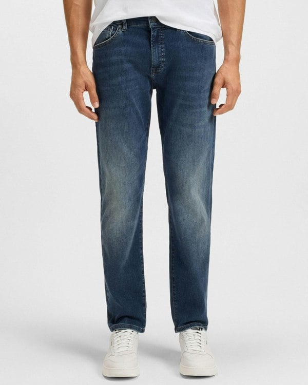 BOSS Orange Re.Maine Mens Regular-Fit Jeans in Super-Stretch Denim - Navy 411 - CHO - Designer Mens Jeans