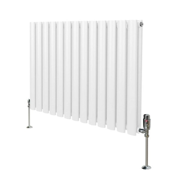 White oval column radiator with a sleek design, measuring 600mm x 780mm, featuring chrome valves and a smooth, glossy finish