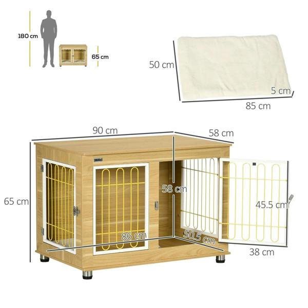 Dog crate end table with double wire doors and padded top cushion, with size diagram.