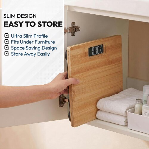 Purefit Digital Bathroom Scale for Measuring Body Weight - Bamboo Ultra Slim, Smart Scale with LED Display-Battery Included LB/KG/ST Max Weight 180KG