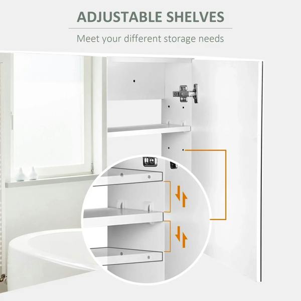 White bathroom mirror cabinet with adjustable interior shelves behind open doors