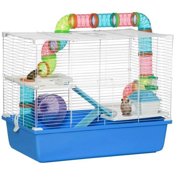 Blue hamster cage with white wire walls, colorful tubes, purple exercise wheel, and accessories