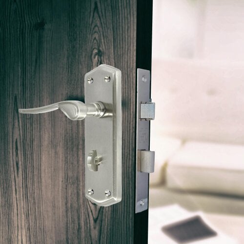 EDH Door Hardware Satin Finish Bathroom Door Handle On Shaped Backplate + Bath Lock