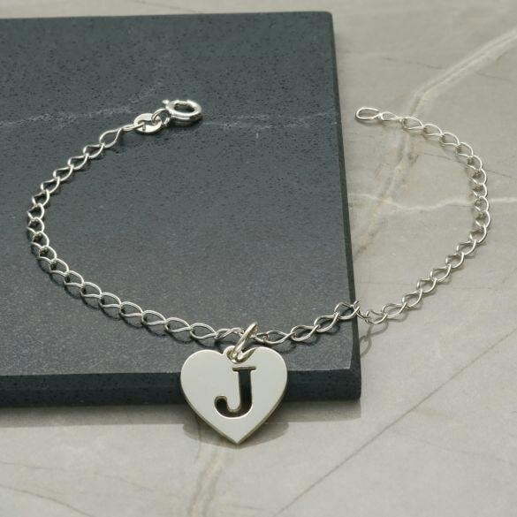 Christopher James of London Sterling Silver Anklet With Heart Initial Charm & Chain Choice - Curb