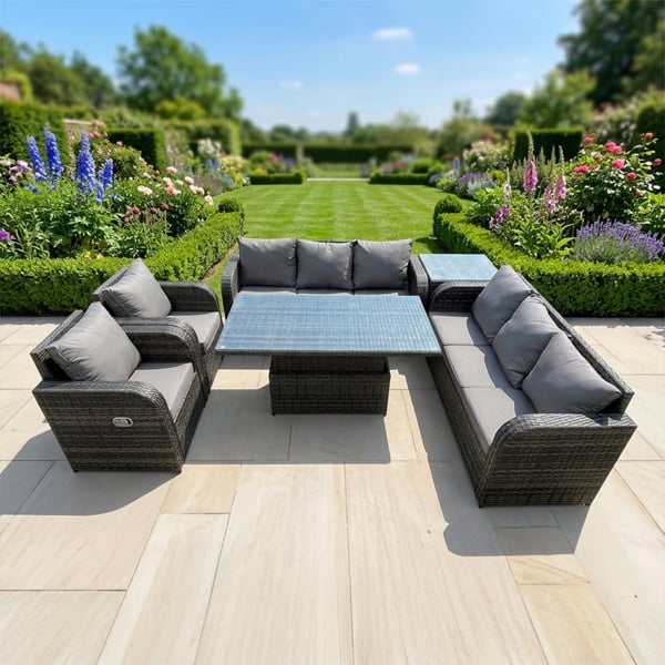 Fimous PE Rattan Outdoor Garden Furniture Sets Height Adjustable Rising lifting DiningTable Sofa Set with Reclining Chair Side Table Dark Grey Mixed