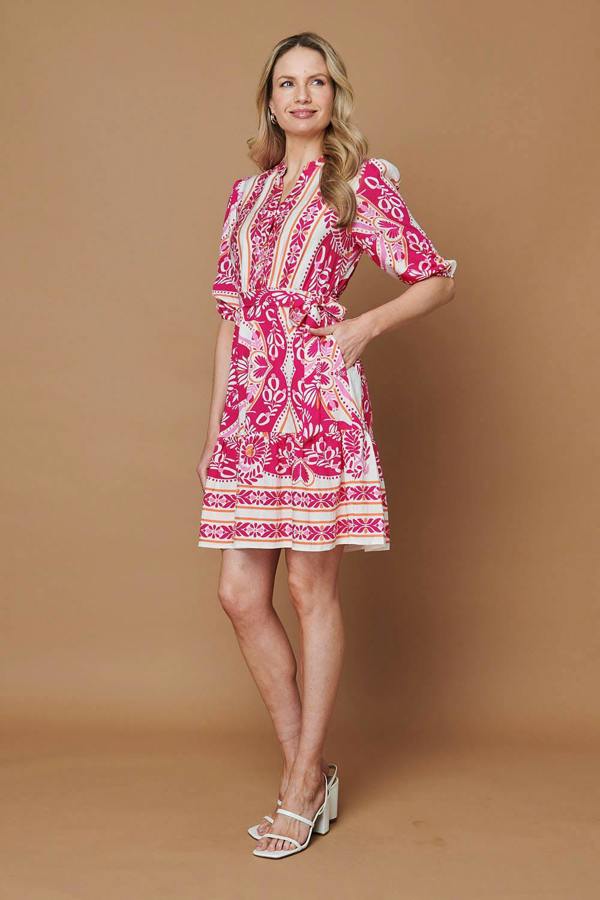 Pink | Printed Tie Waist 3/4 Sleeve Short Dress