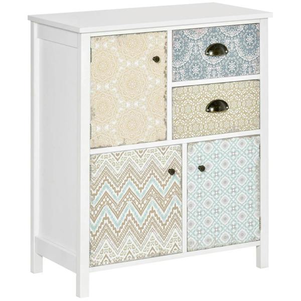 White sideboard cabinet with patterned multi-color doors, two drawers, bronze knobs