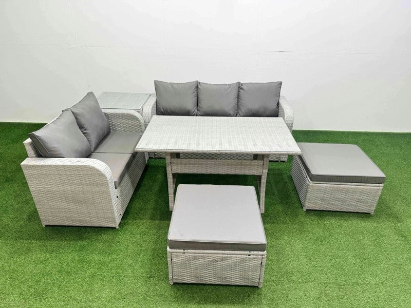 Fimous 7 Seater Rattan Conservatory Sofa Set - Rectangular Dining Table, 3-Seater Sofa, Loveseat & 2 Big Footstools