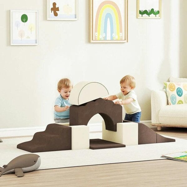 7 Piece Kids Soft Play Set with Detachable Cover, Baby Indoor Climb and Crawl Foam Toys for Toddlers, Brown - Brown