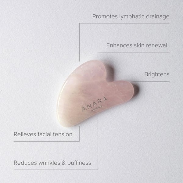Anara Rose Quartz Gua Sha with product benefits listed