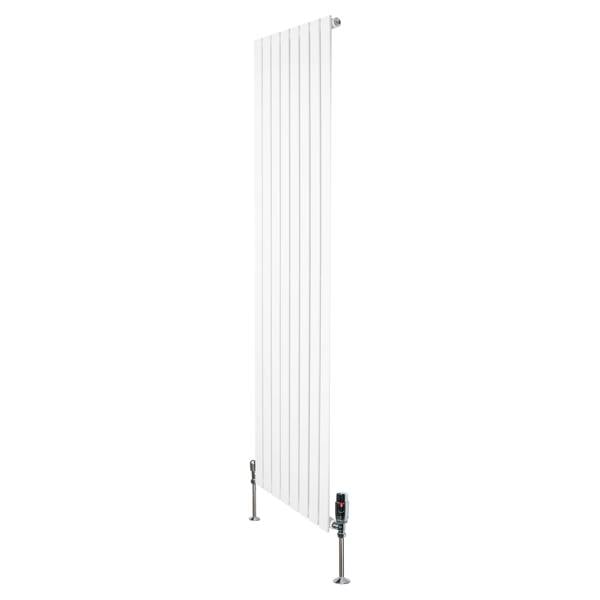 Flat single column radiator in white, 1800mm x 560mm, featuring vertical slats and sleek valves for modern heating solutions