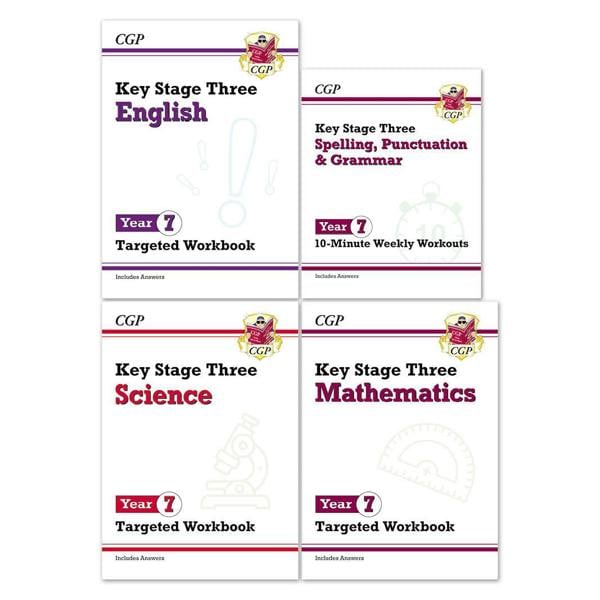 CGP KS3 Year 7 Workbook Bundle – Ages 11-12 (Maths, English, Science, Spelling Punctuation and Grammar)