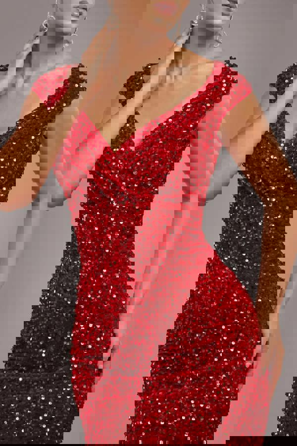 Multi Sequin & Velvet Bardot Midi Dress - Red DR3550