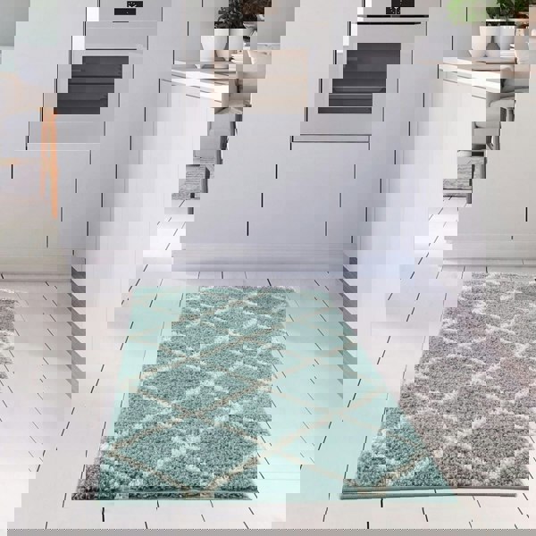 Diamond Design Thick Shaggy Area Rugs Duck Egg Blue