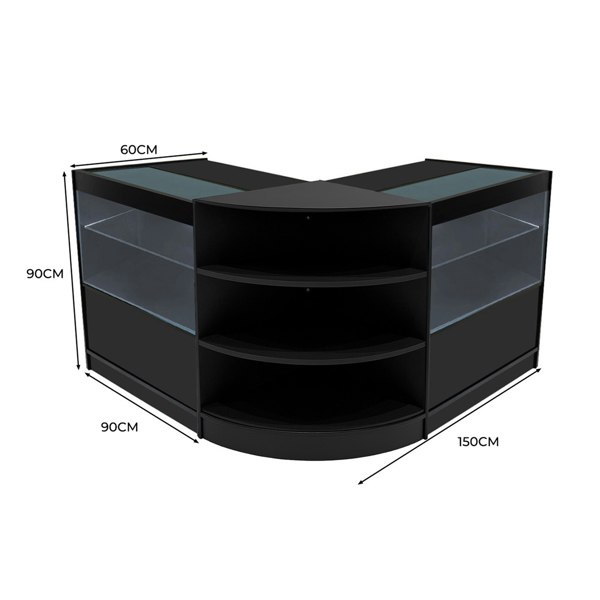 Black Andromeda LED shop counter set featuring a sleek design, curved edges, glass display shelves, and precise dimensions of 60cm x 90cm x 150cm