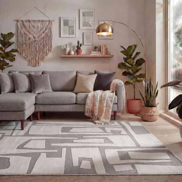 Loft grey abstract design rug, fade-resistant
