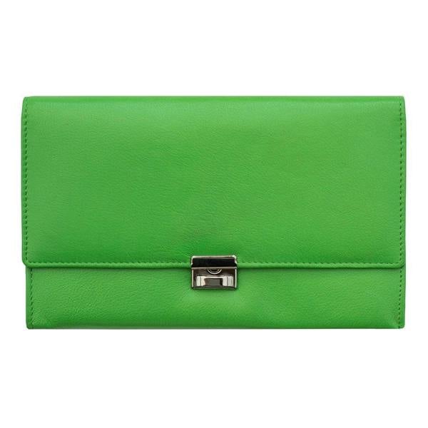 a green leather travel wallet with a centre metal button
