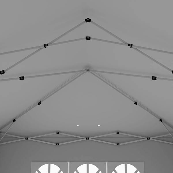 White gazebo interior ceiling with frame supports and evenly spaced light fixtures