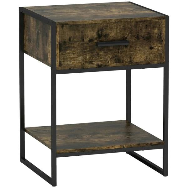 Rustic brown bedside table with drawer, open shelf, and black metal frame