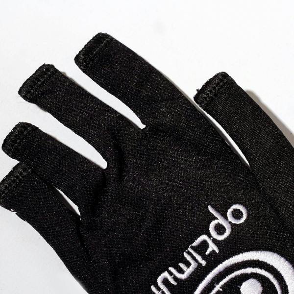 Close-up of black Optimum Stik Mits fingerless glove showing cut-off fingertips and white logo on white - Optimum