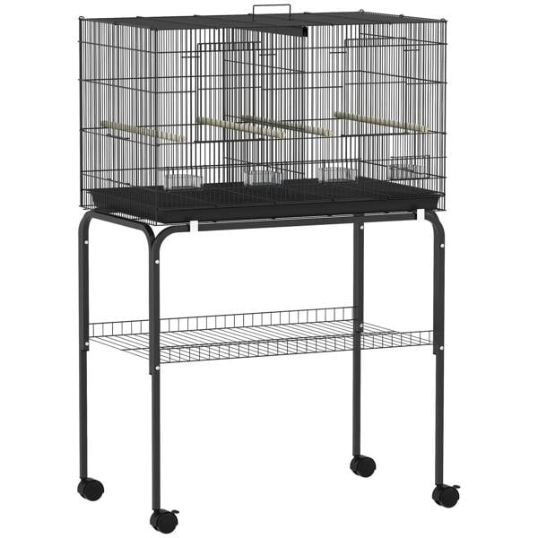 Black metal bird cage with sliding tray and stand on wheels