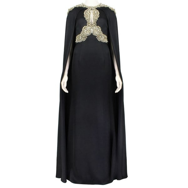 Alexander McQueen Bejewelled Cape Gown in black silk satin