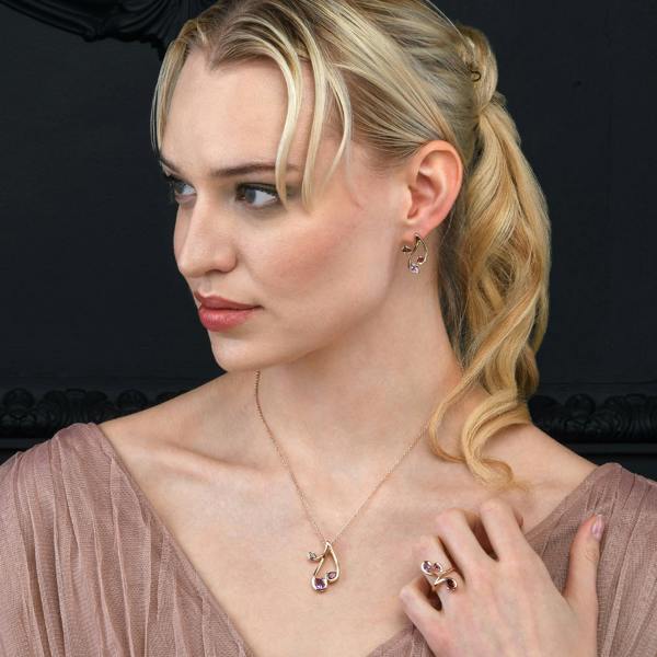namana Rose Gold Vermeil Floral Stud Earrings with Natural Rhodolite, Amethyst and Garnet Gemstones