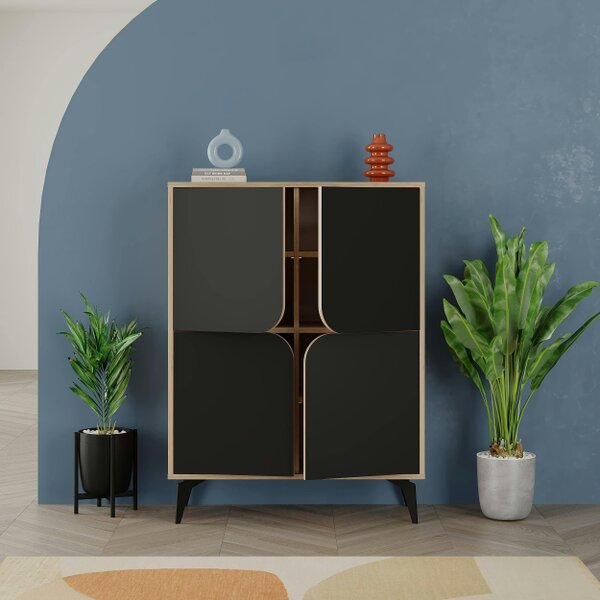 Decortie Modern Spark Cabinet 4-Doors Storage Engineered Wood Display Unit with Black Metal Legs 90(W)cm Oak
