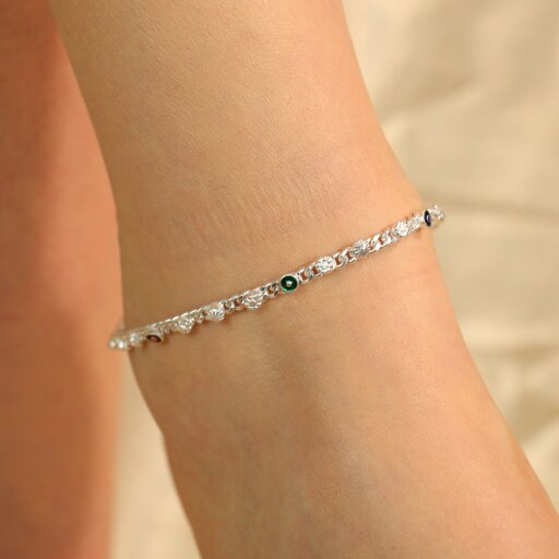 The Colourful Aura Silver Plated Link Chain Braid Evil Eye Payal Anklet