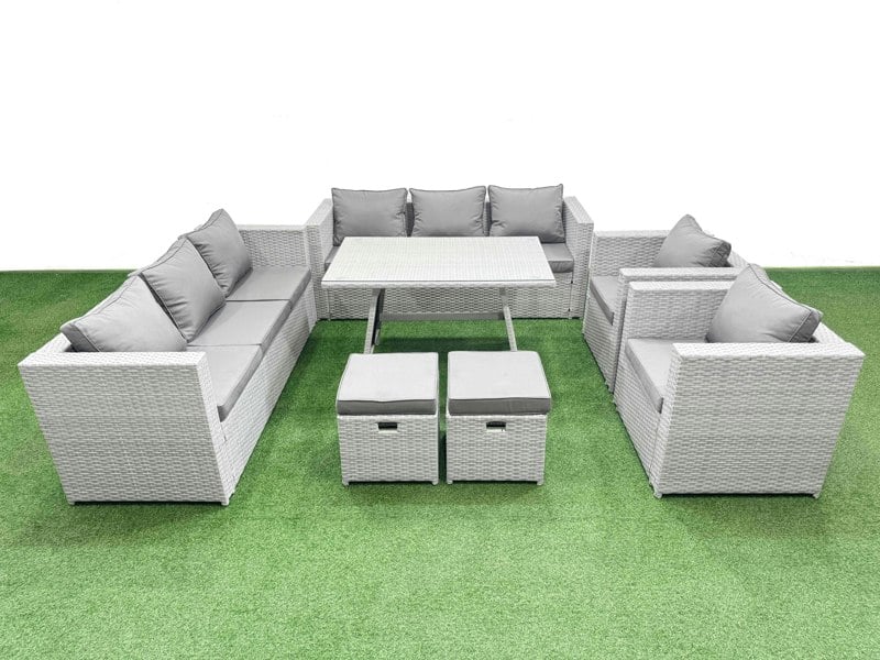 Fimous 10 Seater Garden Furniture Set PE Rattan Garden Sofa Set with Rectangular Dining Table 2 Small Stools Light Grey
