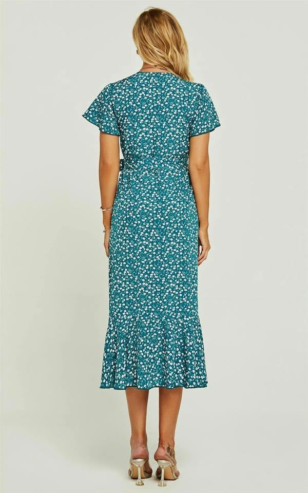 FS Collection Angel Sleeve Wrap Midi Dress In Green Floral Print