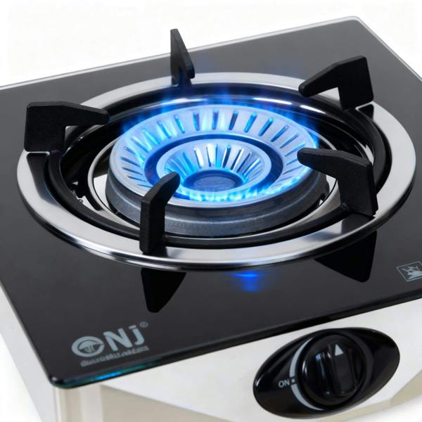 Gas stove with blue flame on a white background