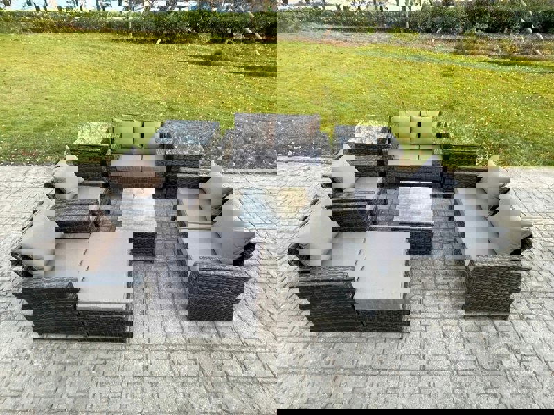 Fimous Rattan Garden Furniture Set Patio Outdoor Lounge Sofa Set with Square Coffee Table Double Seat Sofa 2 Side Tables Big Footstool Dark Grey Mixed