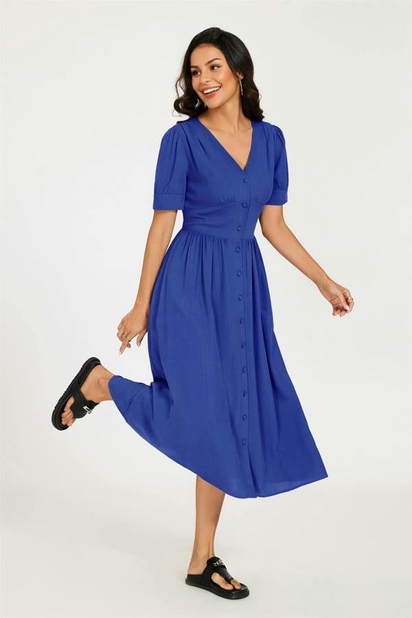 FS Collection Button Front Short Sleeve Midi Dress In Blue