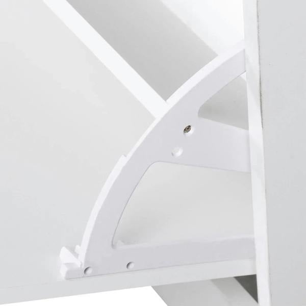 White hinged shelf bracket inside a shoe storage cabinet