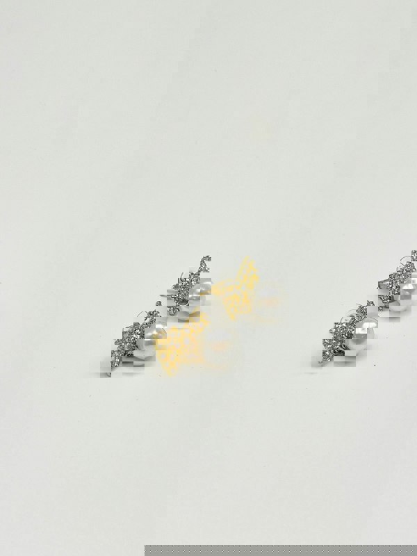 SVNX Diamante Bow Pearl Drop Earrings - Gift Boxed