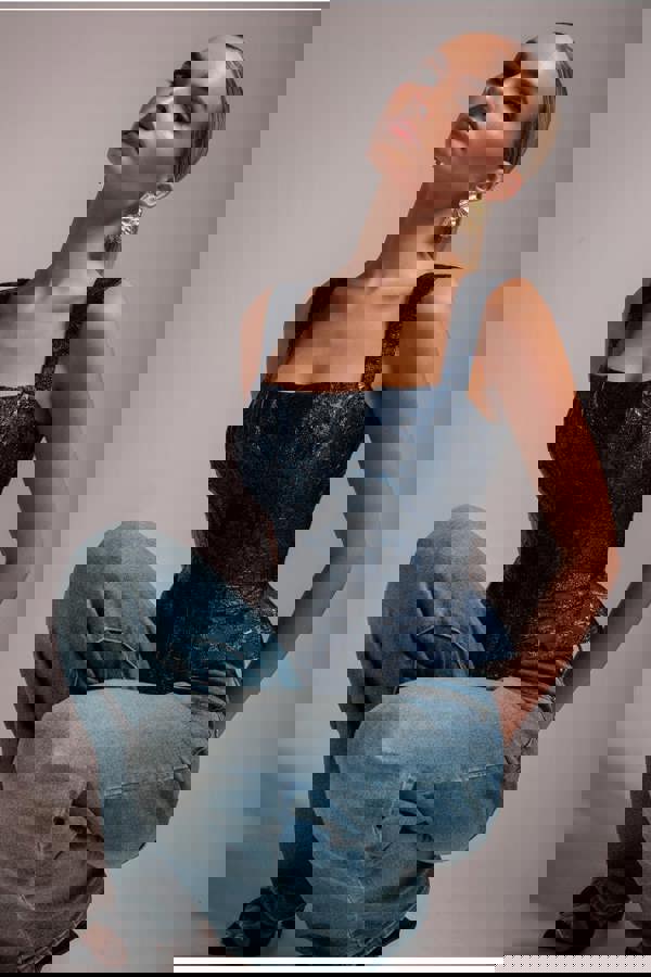 Sleeveless Jacquard Lace Up Back Corset - Navy Blue T265