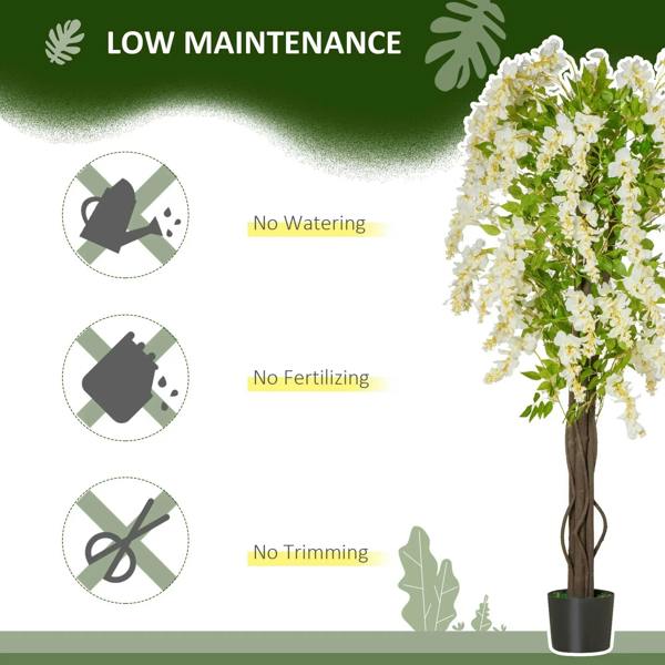 White artificial wisteria tree with cascading blooms and green leaves in a black pot