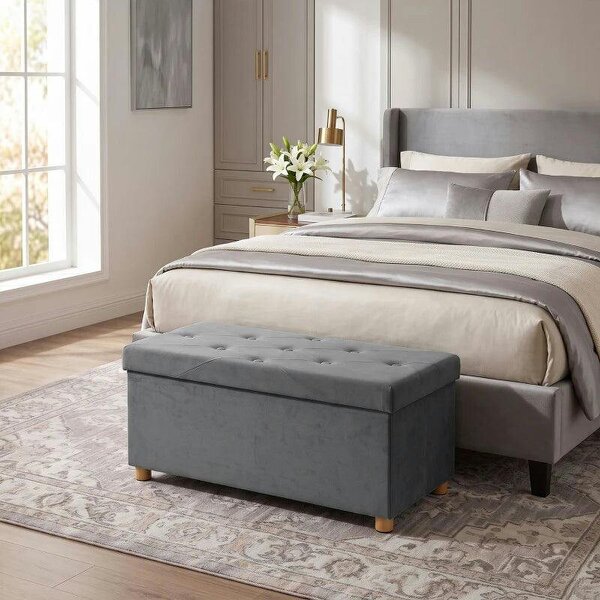 Velvet Upholstered Foldable Ottoman Footrest, Storage Ottoman Bench with Wood Legs for Living Room, Grey
