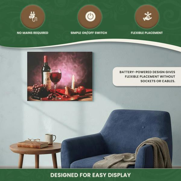 Red Wine, Grapes & Candle Christmas Canvas Print with LED Flickering Lights, 40 x 30cm, Wooden Frame, Battery Powered