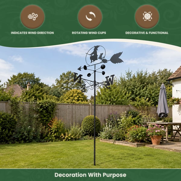 Witch Steel Weathervane, Black Painted All-Steel Weather Vane With Wall Fixings and 1.7m Ground Spike, Wind Speed Cups
