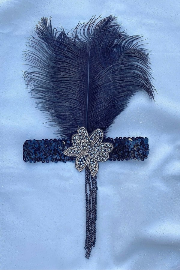 Flapper headpiece, black and gold feathers, sequin embellishments, vintage 1920s inspired hair accessory
