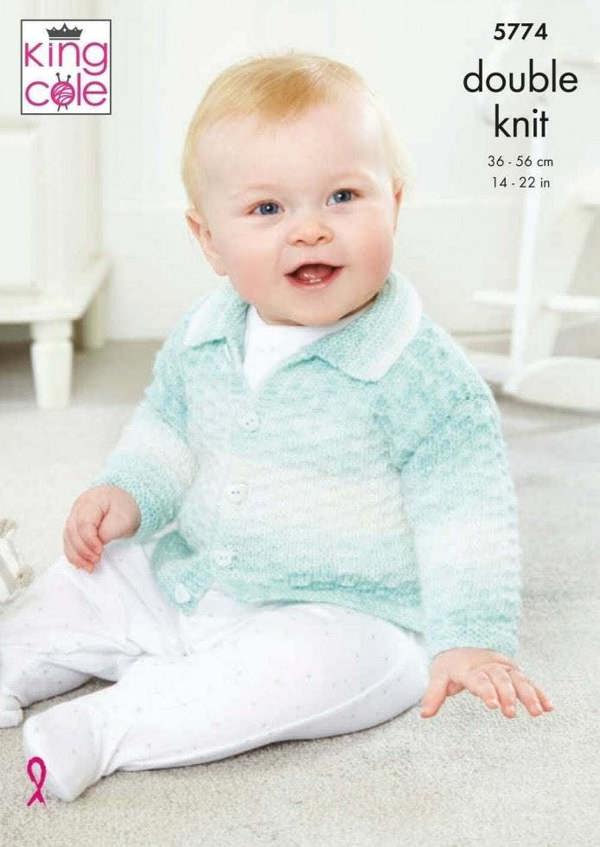 King Cole Baby Pure DK Knitting Pattern 5774, Cardigans for Baby, 14 - 22 Inches